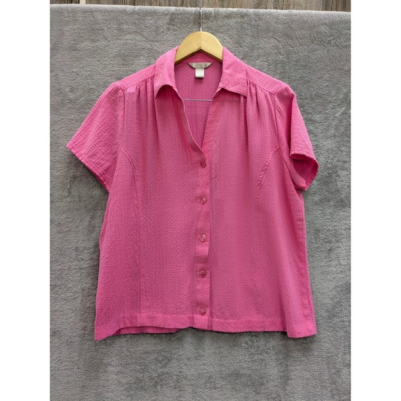 Coldwater Creek Tops - Barbiecore Button Up Blouse Womens L Pink Short Sleeve Textured Stretch Top